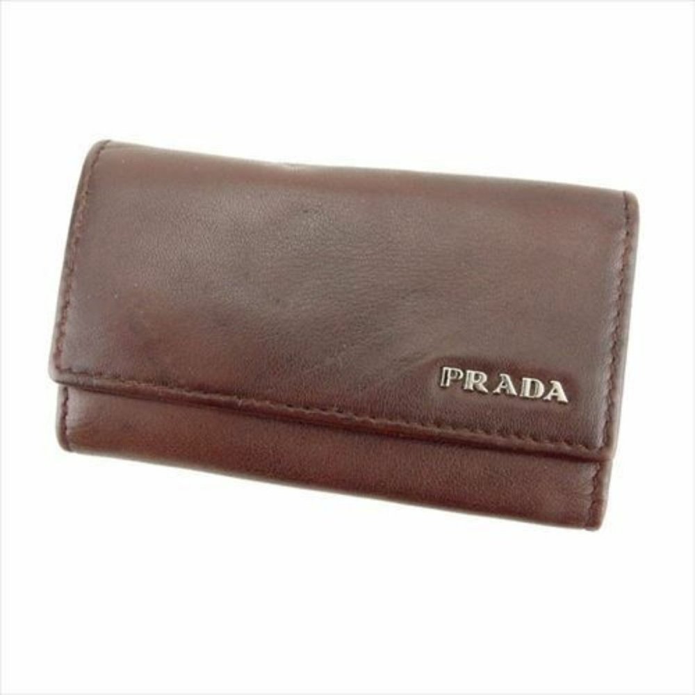 AUTH Prada Key case Key holder Logo Brown Silver leather Mens